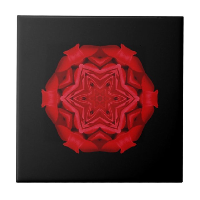 Fine geometric art scarlet red star flower black ceramic tile (Front)