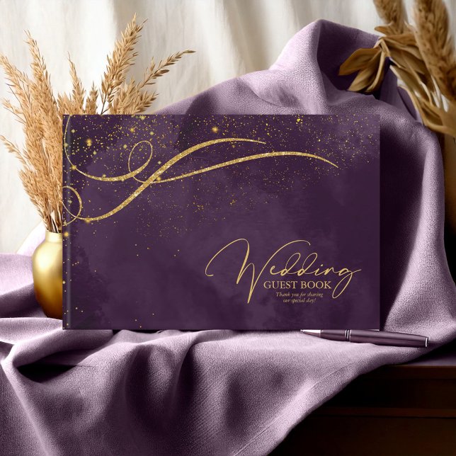 Fine Gold Lines Abstract Wedding Plum ID867 Guest Book (Creator Uploaded)