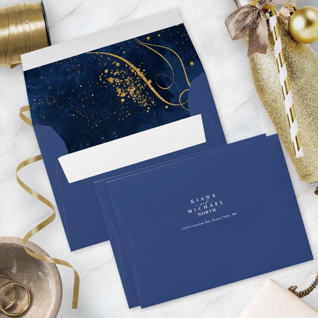 Fine Gold Lines Abstract Wedding V1 Navy ID867 Envelope (Interior/Back In Situ)
