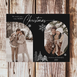 Fine line pine tree arched 2 photo black christmas holiday postcard