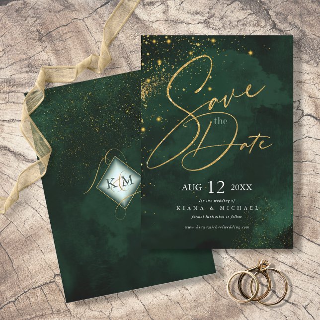 Fine Lines Gold Abstract Wedding Emerald ID867 Save The Date (Creator Uploaded)