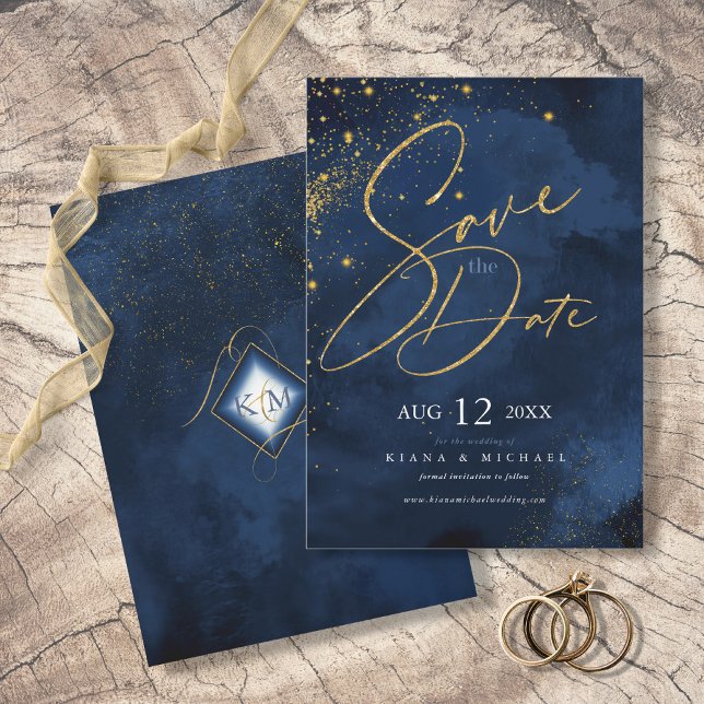 Fine Lines Gold Abstract Wedding Navy ID867 Save The Date (Creator Uploaded)