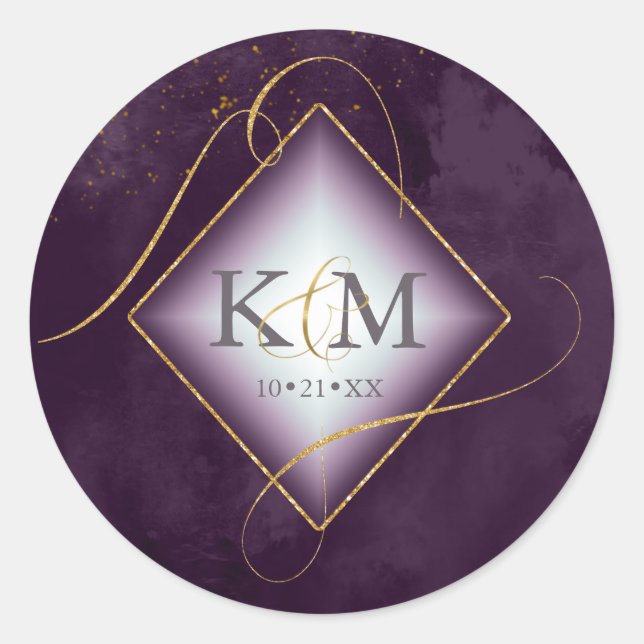 Fine Lines Gold Abstract Wedding Plum ID867 Classic Round Sticker (Front)