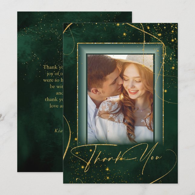 Fine Lines Gold Abstract Wedding Thanks Grn ID867 Thank You Card (Front/Back)
