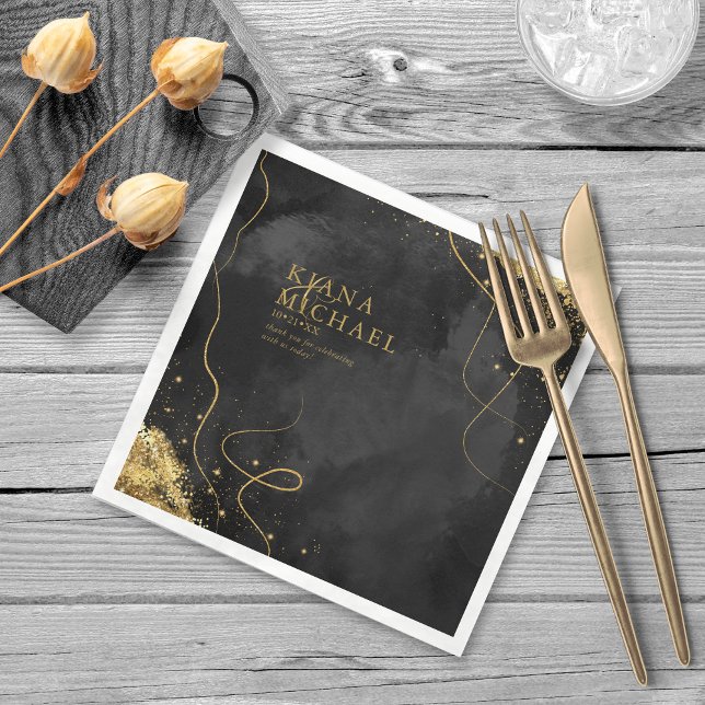 Fine Lines Gold Abstract Wedding V1 Black ID867 Napkin (Creator Uploaded)