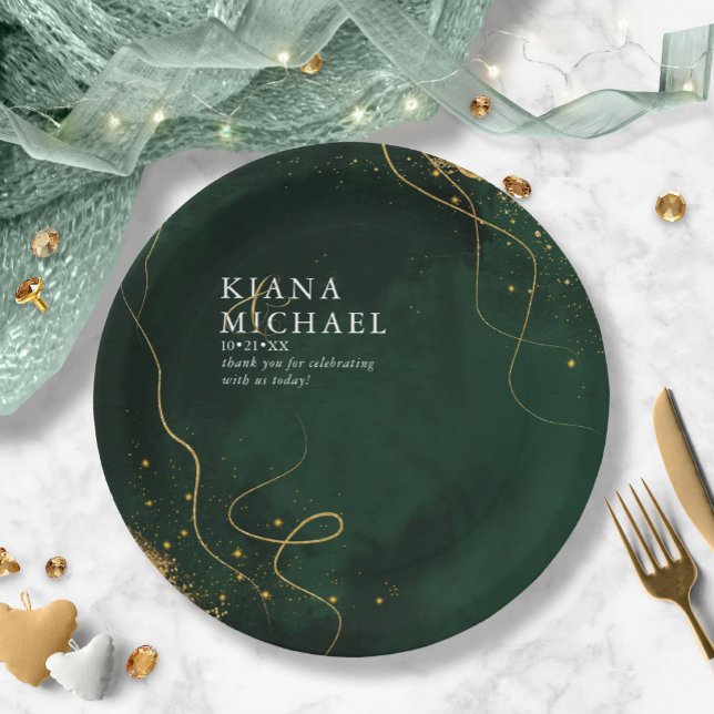 Fine Lines Gold Abstract Wedding V1 Emerald ID867 Paper Plate (Creator Uploaded)
