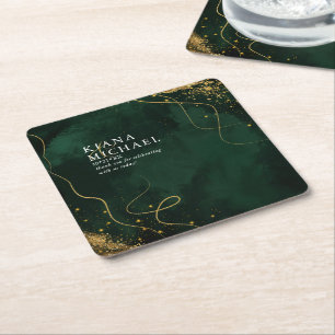 Fine Lines Gold Abstract Wedding V1 Emerald ID867 Square Paper Coaster