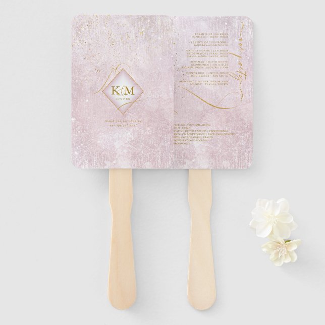 Fine Lines Gold Abstract Wedding V1 Mauve ID867 Hand Fan (Front and Back)