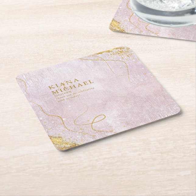 Fine Lines Gold Abstract Wedding V1 Mauve ID867 Square Paper Coaster (Angled)