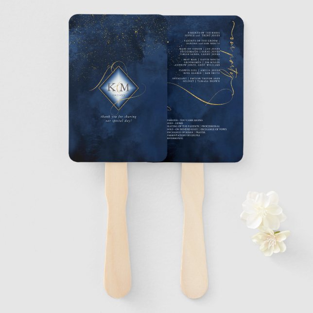 Fine Lines Gold Abstract Wedding V1 Navy ID867 Hand Fan (Front and Back)