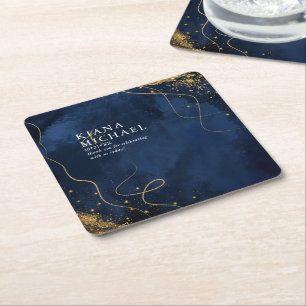 Fine Lines Gold Abstract Wedding V1 Navy ID867 Square Paper Coaster