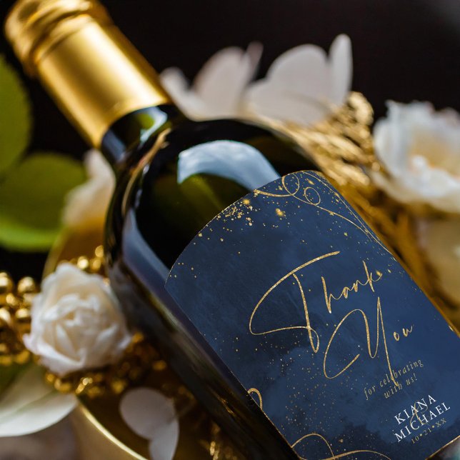 Fine Lines Gold Abstract Wedding V1 Navy ID867 Wine Label (Creator Uploaded)