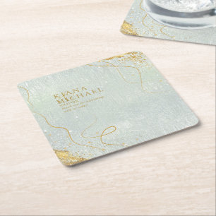 Fine Lines Gold Abstract Wedding V1 Sage ID867 Square Paper Coaster