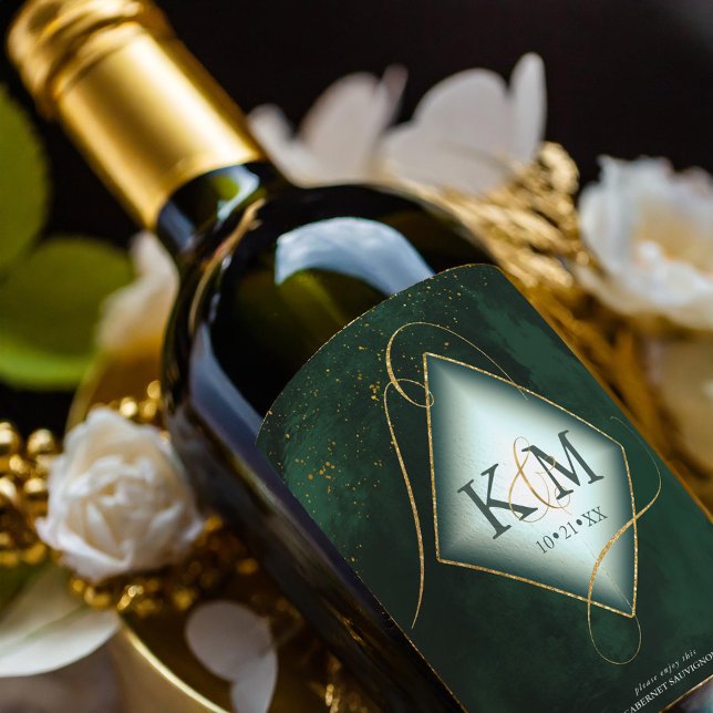 Fine Lines Gold Abstract Wedding V2 Emerald ID867 Wine Label (Creator Uploaded)
