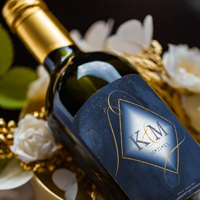 Fine Lines Gold Abstract Wedding V2 Navy ID867 Wine Label (Creator Uploaded)