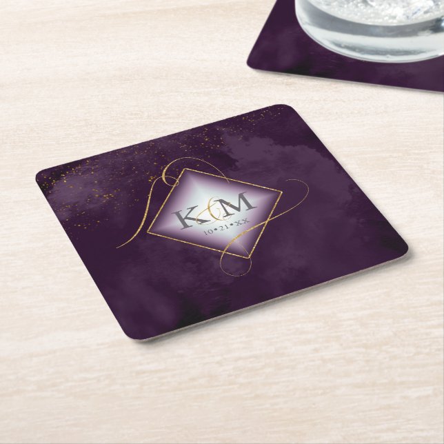 Fine Lines Gold Abstract Wedding V2 Plum ID867 Square Paper Coaster (Angled)