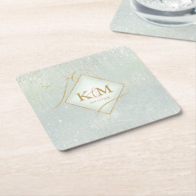 Fine Lines Gold Abstract Wedding V2 Sage ID867 Square Paper Coaster (Angled)