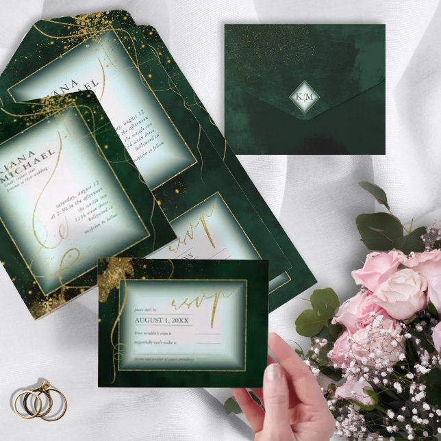 Fine Lines Gold Abstract Wedding V3 Emerald ID867 All In One Invitation (Creator Uploaded)