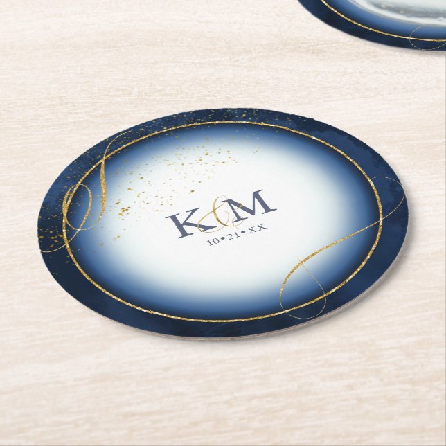 Fine Lines Gold Abstract Wedding V3 Navy ID867 Round Paper Coaster (Angled)