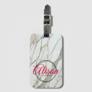 Fine white marble pink text name date luggage tag
