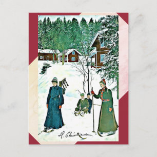 Fineart vintage Winter Scene red/green postcard