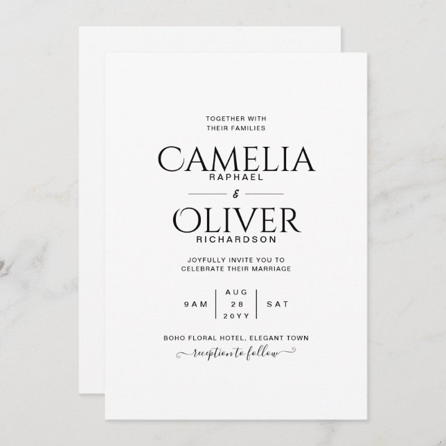 Finest Classic Black White MONOCHROME Wedding Invitation (Front/Back)