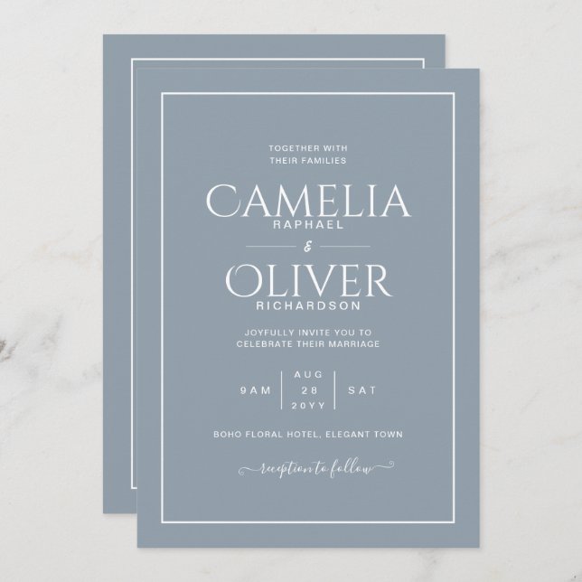 Finest Dusty Blue MONOCHROME Wedding Invitation (Front/Back)