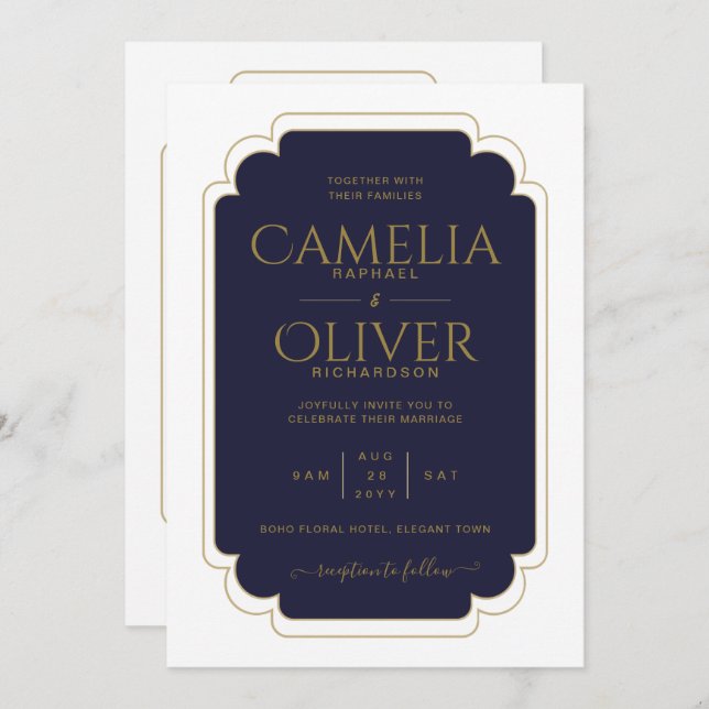 Finest Navy Blue Gold MONOCHROME Wedding Invitation (Front/Back)