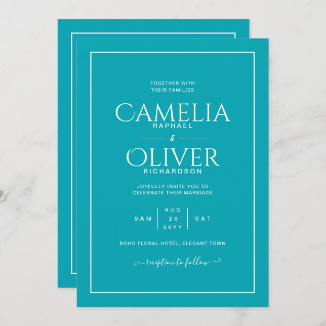 Finest Teal Peacock Blue MONOCHROME Wedding Invitation (Front/Back)
