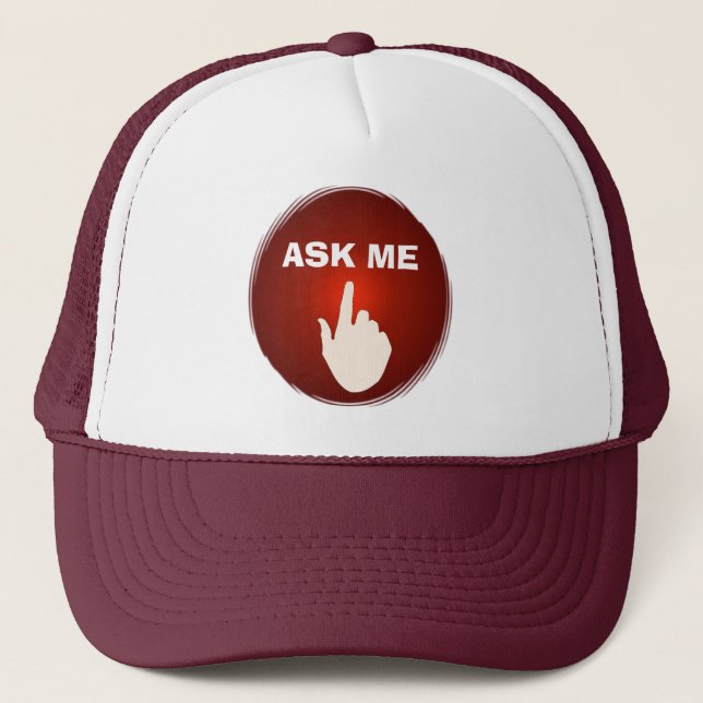 Finger on the red glowing button Ask Me Hat (Front)