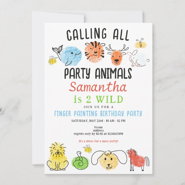 Finger Painting Party Animals Art Birthday Party Invitation (Front)