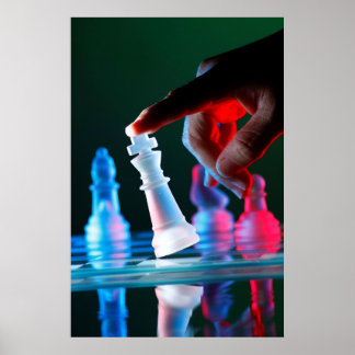 Finger tilting a chess piece on Chess Board Poster