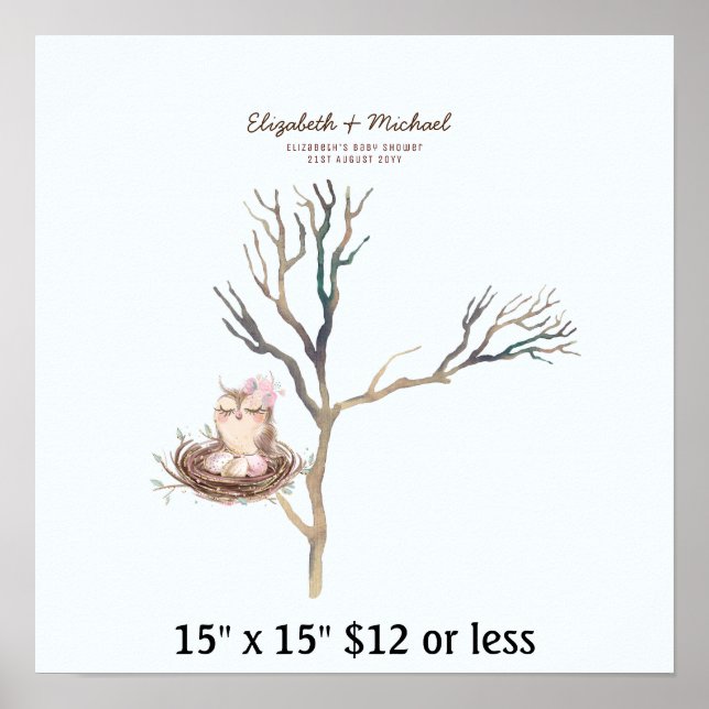 Fingerprint Tree Baby Shower Watercolor Owl Eggs Poster (Front)
