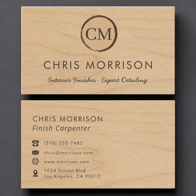 Finish Carpenter Rustic Wood Monogram Professional Business Card (Creator Uploaded)