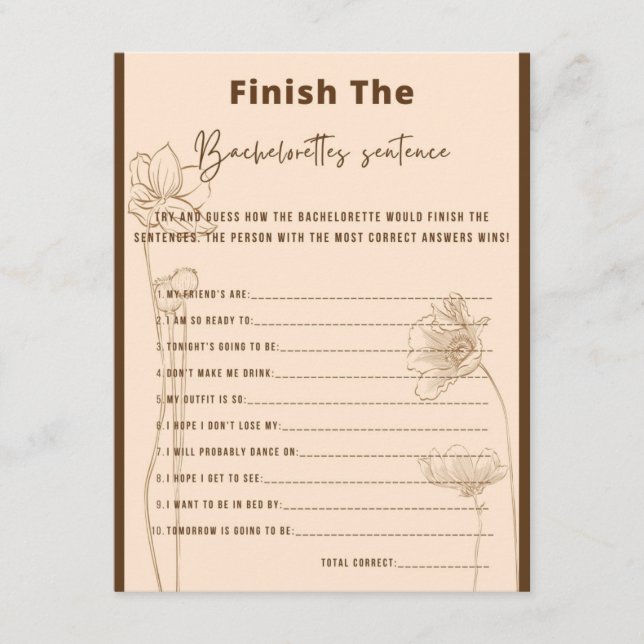 Finish the Bachelorette's Sentence Party Game Enclosure Card (Front)