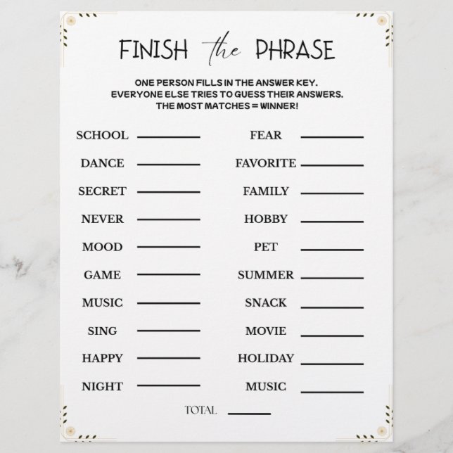 Finish the Phrase Game – Printable Guessing Party Custom Letterhead (Front)