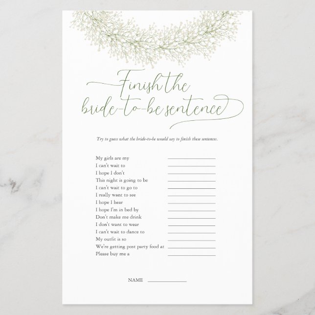 Finish The Sentence Bridal Shower Game Flyer (Front)