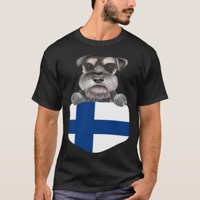 Finland Flag Miniature Schnauzer Dog In Pocket T-Shirt (Front)