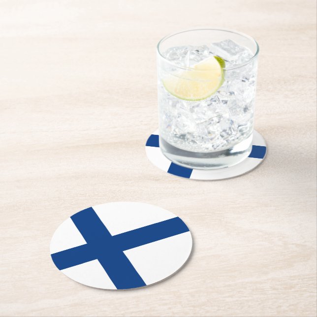 Finland flag round paper coaster (Insitu)