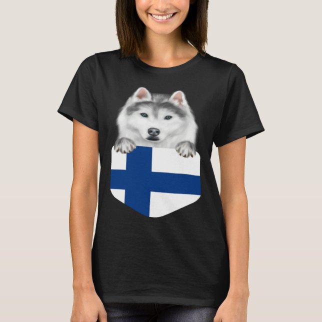 Finland Flag Siberian Husky Dog In Pocket T-Shirt (Front)