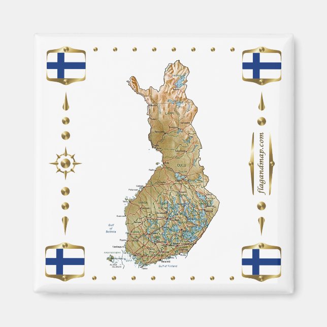 Finland Map + Flags Magnet (Front)