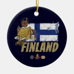 Finland moose vintage flag and tent souvenir ceramic ornament