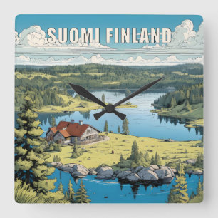Finland Nature Illustration Square Wall Clock