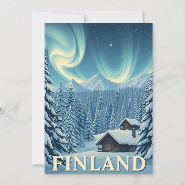 Finland Northern Lights Winter Cabin Flat Card (Front)