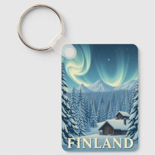 Finland Northern Lights Winter Cabin Keychain