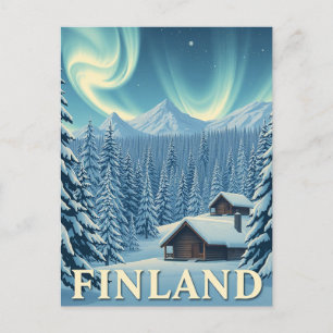 Finland Northern Lights Winter Cabin Postcard