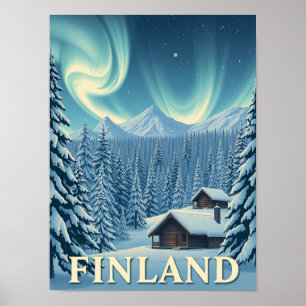 Finland Northern Lights Winter Cabin Poster Print