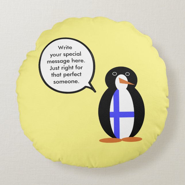 Finland Talking Ms. Penguin Personalised  Round Cushion (Front)