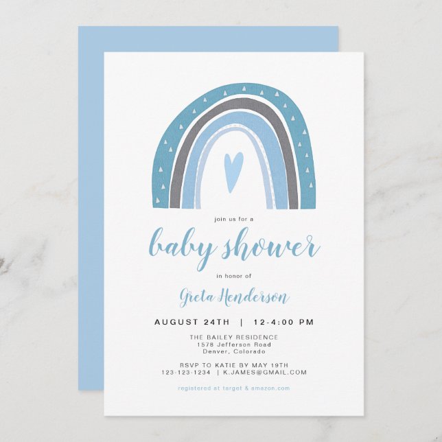FINN | Bohemian Dusty Blue Rainbow Baby Shower Invitation (Front/Back)