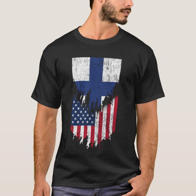 Finnish American Flags Ripped Torn Finland T-Shirt (Front)